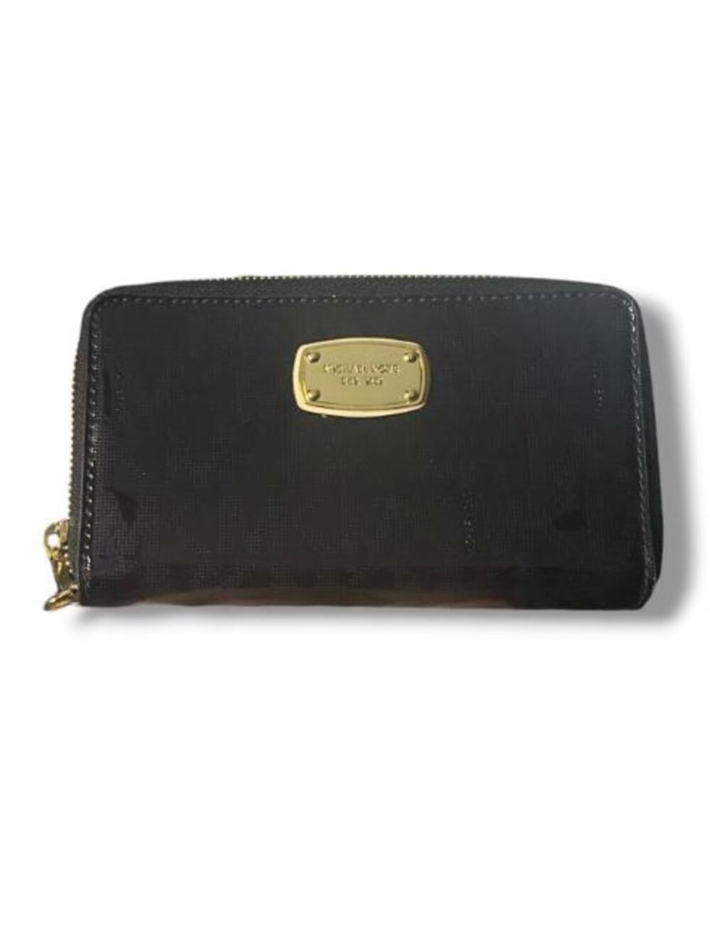 Michael Kors Black Patent Leather Zip Wallet with Gold Plaque